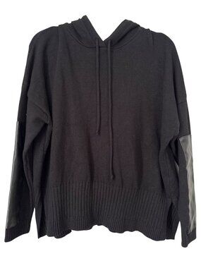 Six/Fifty Hooded Sweater Size XS Pullover Long Sleeve Faux Leather Patchwork